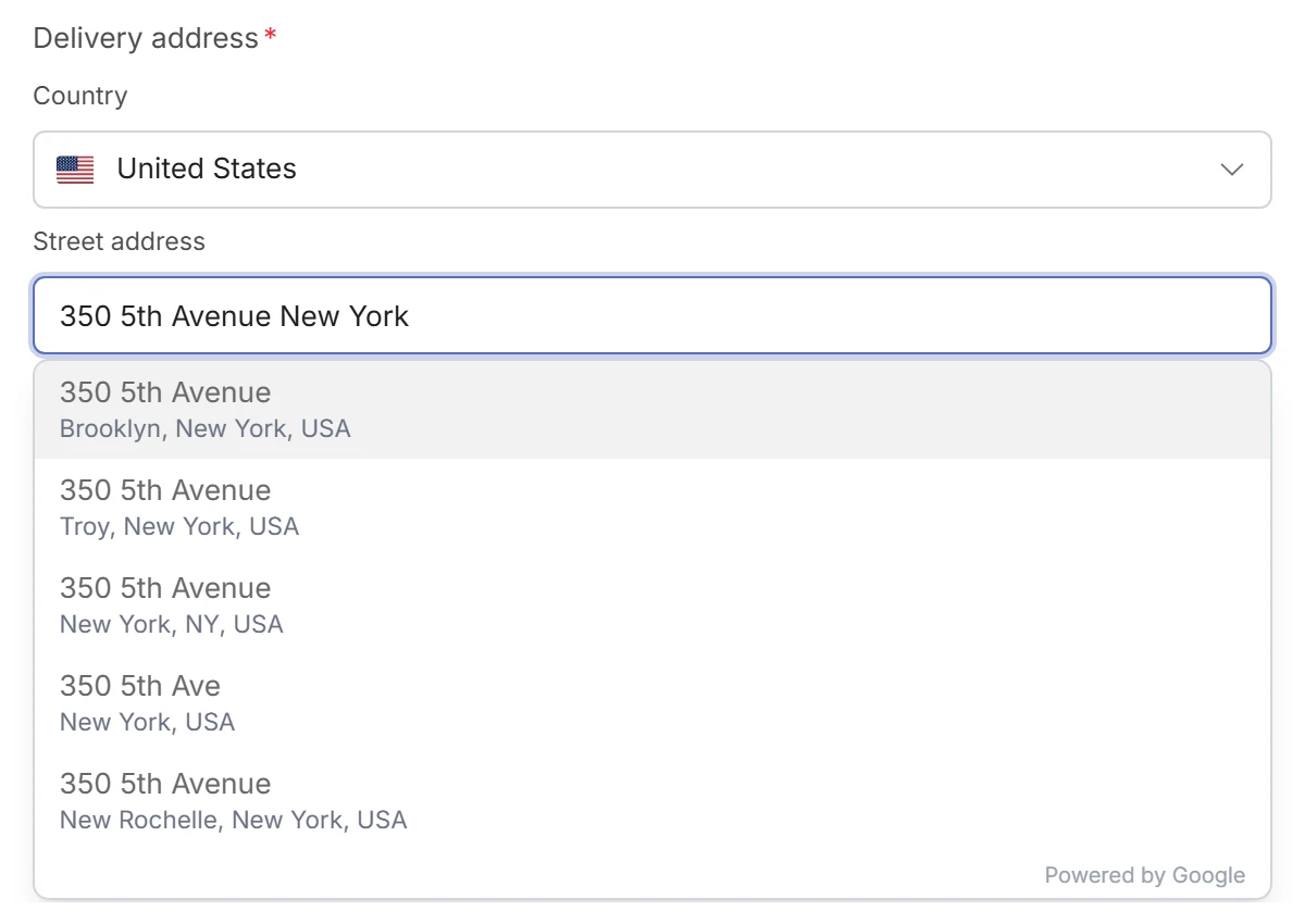 An address question with 350 5th Avenue New York typed in the street field and five matching addresses suggested below it