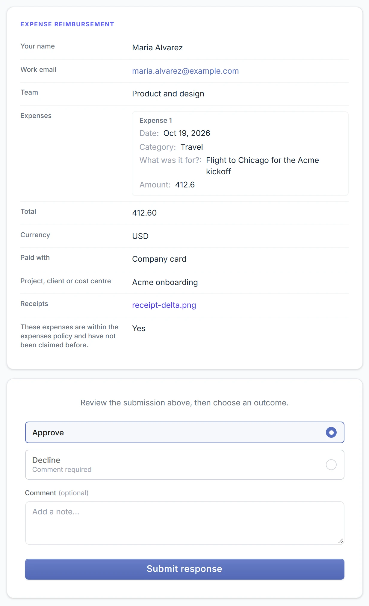 The approver’s page for an expense claim: the claim’s answers and receipt, then Approve or Decline, a comment field and a Submit response button