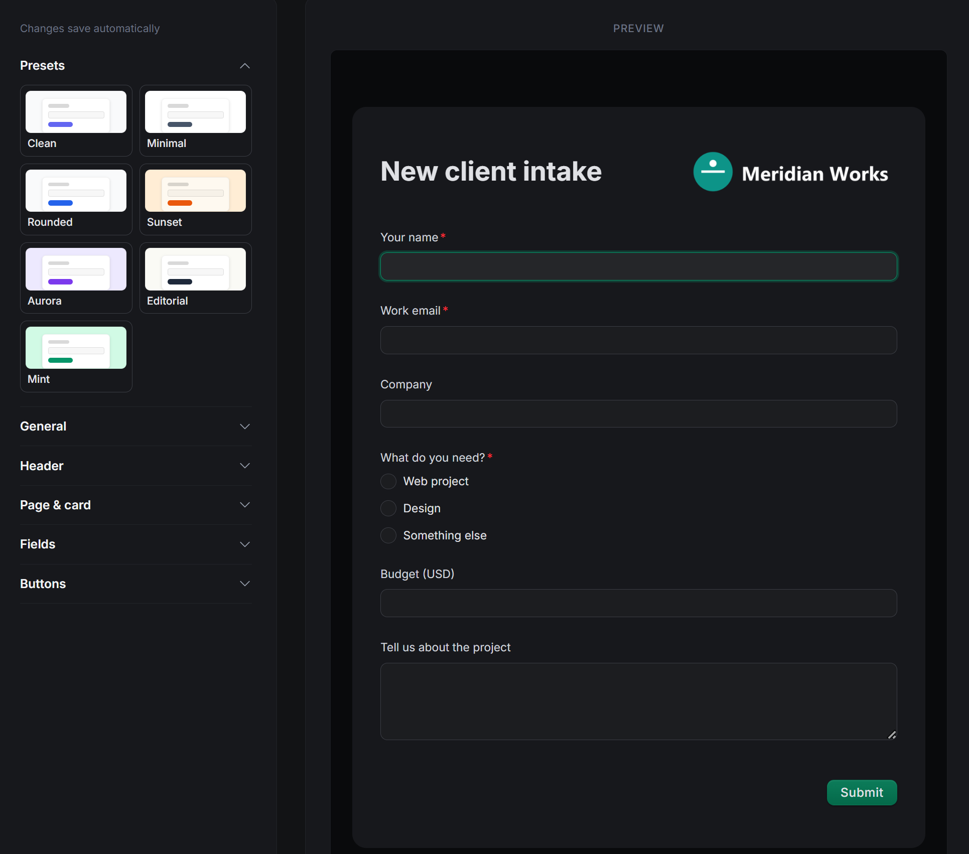 The Design tab: a presets grid and collapsed sections for General, Header, Page and card, Fields and Buttons on the left, and a live preview of a client-intake form with a company logo and mint theme on the right