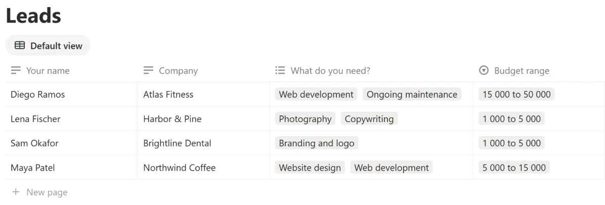 A Notion database called Leads with four responses written by a form: name, company, the services they need as tags, and a budget range